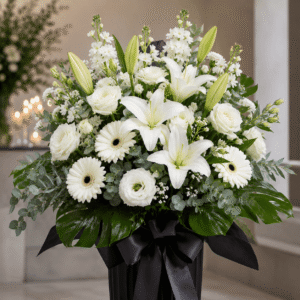 Başsağlığı Çiçeği | Beyaz Lilyum ve Gerbera Premium Taziye Aranjmanı