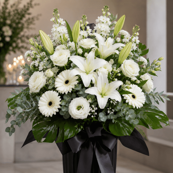 Başsağlığı Çiçeği | Beyaz Lilyum ve Gerbera Premium Taziye Aranjmanı