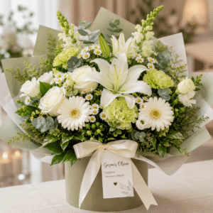 Geçmiş Olsun Çiçeği | Beyaz Lilyum ve Gerbera Premium Çiçek Aranjmanı