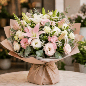 Premium Pembe Lilyum ve Gül Tebrik Çiçeği Buketi