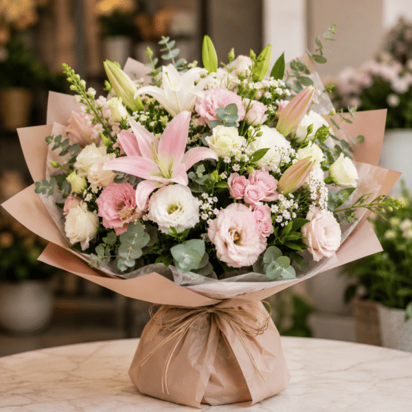 Premium Pembe Lilyum ve Gül Tebrik Çiçeği Buketi