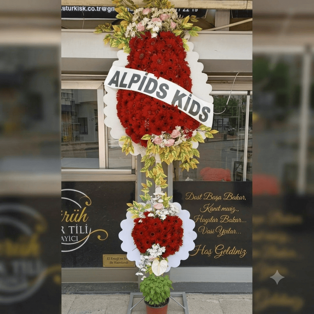 Kırmızı Gerbera ve Beyaz Antoryum Detaylı Çift Katlı Tören Çelengi