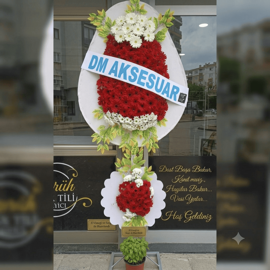 Kırmızı Gerbera ve Beyaz Krizantemli Çift Katlı Açılış Çelengi